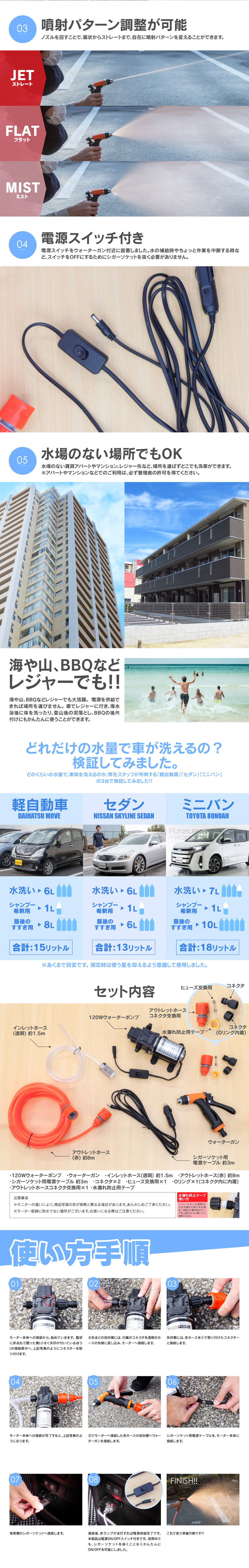 AZ製 ポータブル 持ち運び 高圧洗浄機 １２０Ｗ スイッチ付き 車内のシガーソケットから給電 洗車 散水 掃除 エコ アズーリ